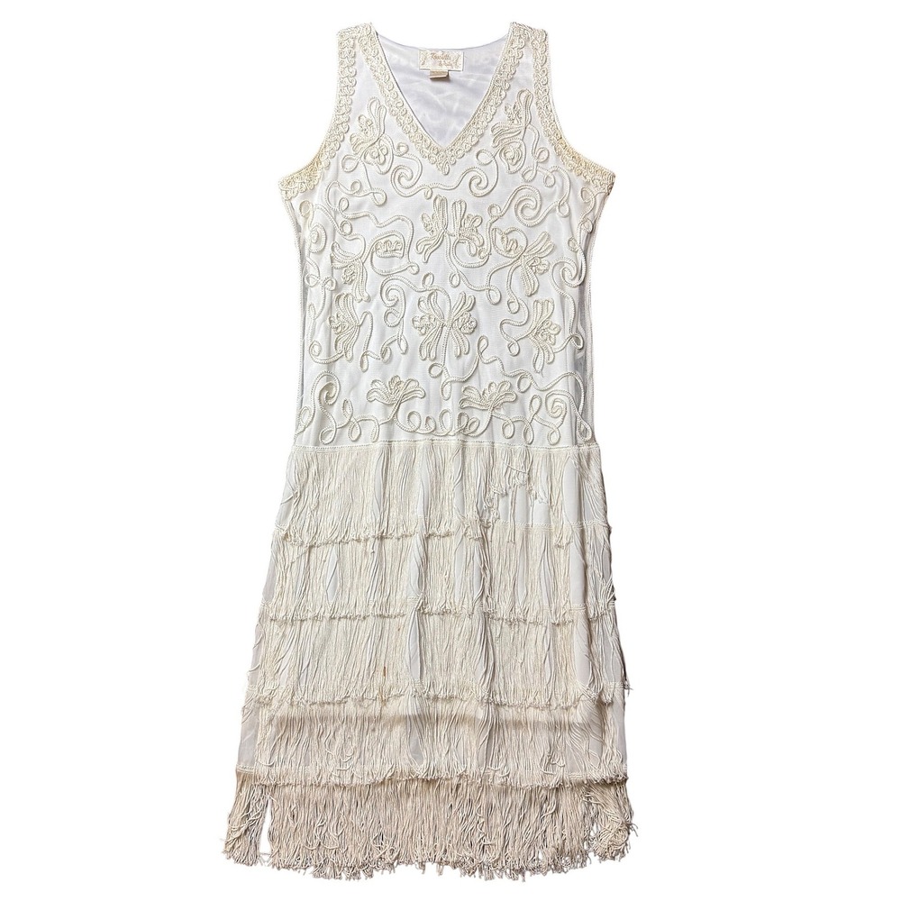 Vtg Krochetta by Papell Tiered Fringe Crochet Soutache Mini Dress Sz L- RN57716